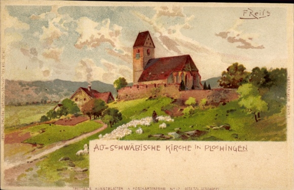 Artist Chromo-Litho Reiss, Fritz, Plochingen in the district of Esslingen, Old Swabian Church, Shepherd