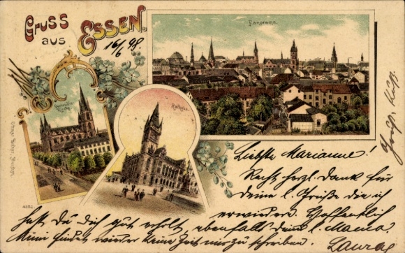 Litho Essen im Ruhrgebiet, Gesamtansicht, Rathaus, Kirche