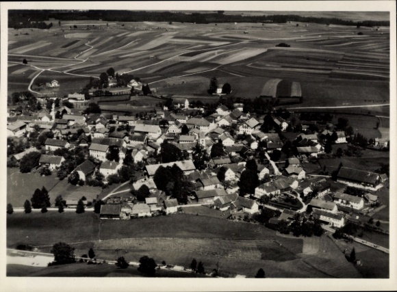 Postcard Huglfing in Upper Bavaria, aerial view of rural surroundings, wooded areas, fields