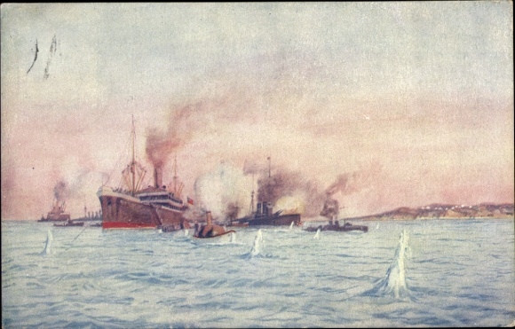 Artist PC Hubert, A., Gallipoli Dardanelles, landing of English ships, Turkish gunfire