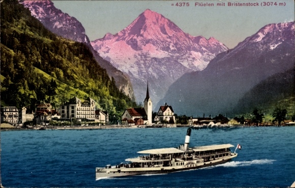 Postcard Flüelen Canton Uri Switzerland, Bristenstock, steamer Uri
