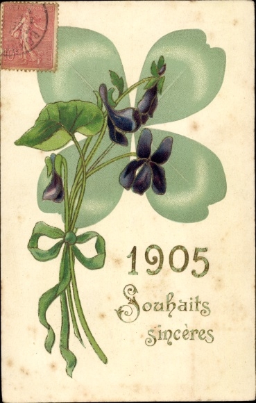 Postcard Happy New Year, clover leaf with bow and violet, 1905