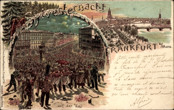 Winter Chromo-Litho Frankfurt am Main, Happy New Year, on the Zeil, city view, bridge, New Year&#39;s Eve