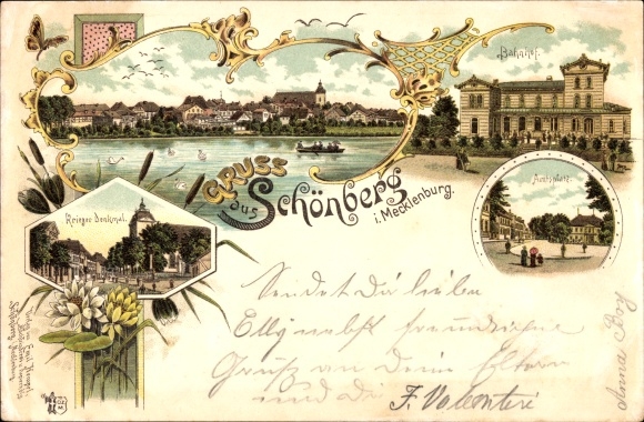 Chromo-Litho Schönberg in Mecklenburg, war memorial, official square, train station, total view