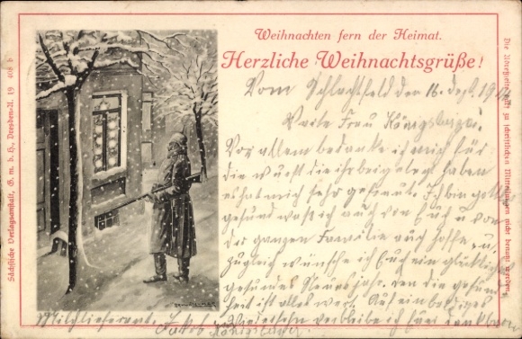Ak Frohe Weihnachten, Weihnachten fern der Heimat, Soldat auf Wachtposten im Schnee, 1. WK