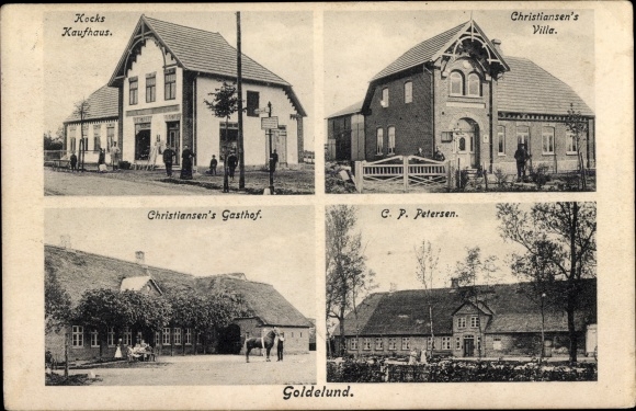 Ak Goldelund in Noord-Friesland, warenhuis Kocks, warenhuis Christiansens, CP Petersen