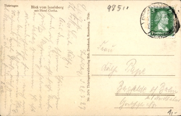 Postcard Brotterode Trusetal in Thuringia, view from the Inselsberg to the village