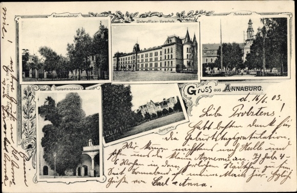 Postcard Annaburg Saxony Anhalt, non-commissioned officer pre-school, courtyard, sports field, headquarters