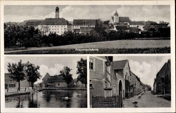 Postcard Frauenprießnitz in Thuringia, view of the town, street view, pond