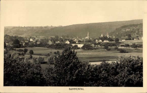 Postcard Bammental in Baden, view of landscape, trees in the foreground, churches, houses