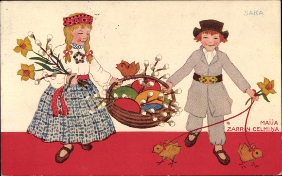Artist PC Zarrin Celmina, Maija, Happy Easter, Couple in Latvian folk costumes, Easter eggs, chicks