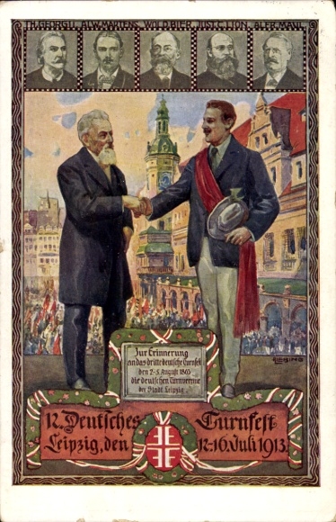 Artist Chromo-Litho Liebing, Leipzig in Saxony, 12th German Gymnastics Festival 1913, Heart and Hand to the Fatherland