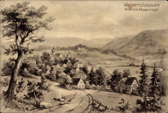 Artist Postcard Spindler, Welkershausen Meiningen in Thuringia, view from the Sängerhügel