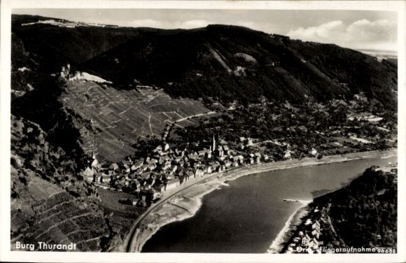Postcard Alken on the Moselle, aerial photograph, Thurandt Castle