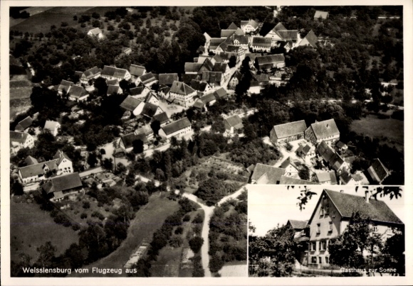 Postcard Weißlensburg Bitzfeld Bretzfeld in Württemberg, Gasthaus zur Sonne, aerial photograph