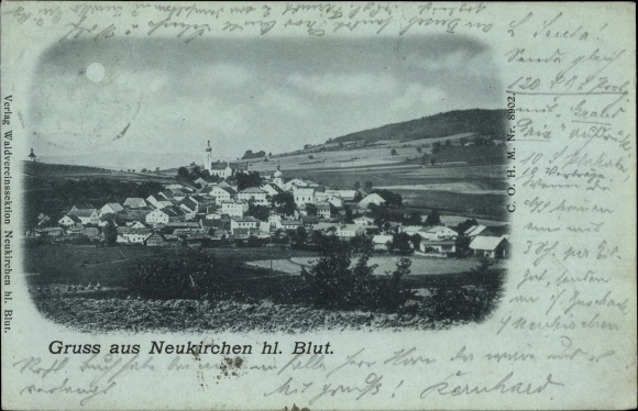 Mondschein Ak Neukirchen beim Heiligen Blut Oberpfalz, Gesamtansicht von Ort und Umgebung
