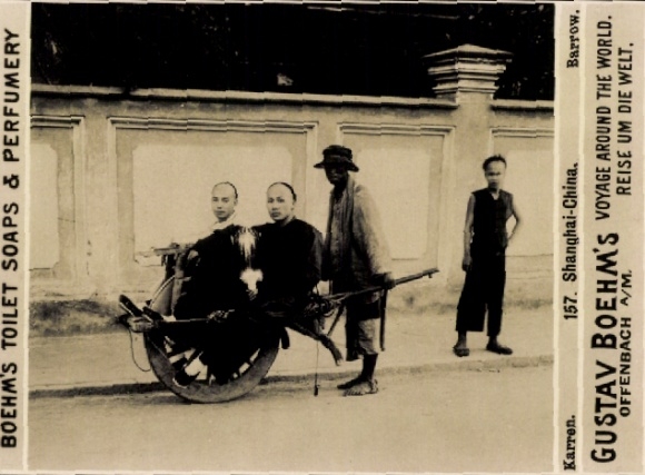 Photo Shanghai China, rickshaw, Gustav Boehm's trip around the world, advertising Boehm's Toilet Soaps