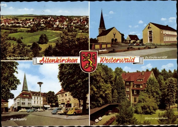 PC Altenkirchen in the Westerwald, Panorama, Ev. Church, AOK, Westerwaldheim, market, coat of arms