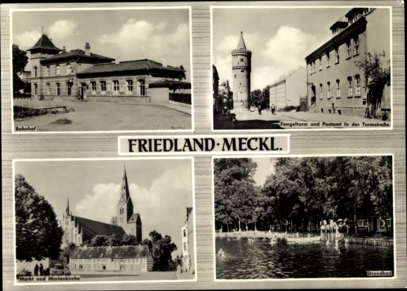 Postcard Friedland in Mecklenburg, train station, Fangelturm and post office in Turmstrasse, market, lido