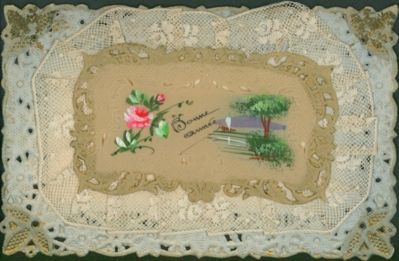 Fabric Postcard Happy New Year, Flowers, Tree