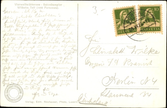 Postcard saloon steamer Wilhelm Tell on Lake Lucerne
