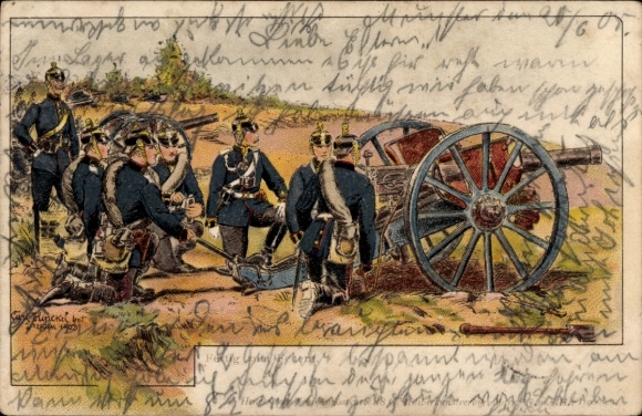 Kunstenaar Ak Henckel, Carl, Duitse kanonnen in het veld, soldaten
