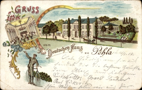 litho Pöhla Schwarzenberg in het Ertsgebergte, Gasthof Deutsches Haus, fietsers