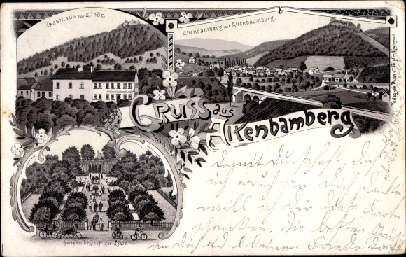 Chromo-Litho Altenbamberg in Rhineland-Palatinate, Inn zur Linde, Altenbaumburg ruins