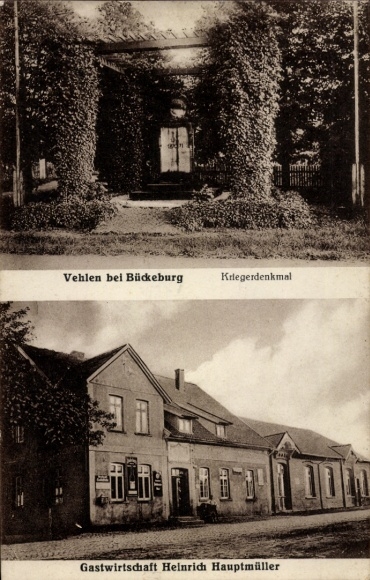 Postcard Vehlen Obernkirchen in Schaumburg, war memorial, inn Heinrich Hauptmüller