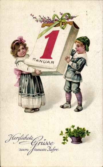 Happy New Year, children with calendar, clover leaves