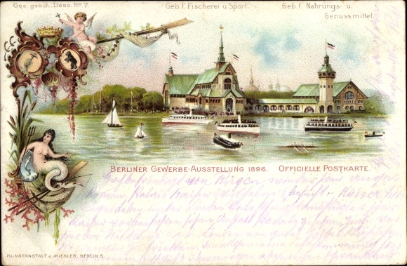 Chromo-Litho Berlin Treptow, commercial exhibition 1896, building for fishing and sports