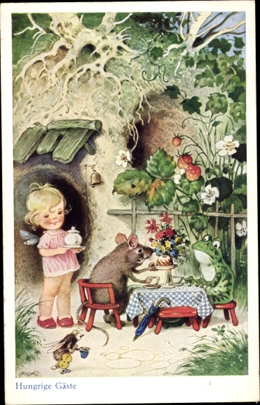 Künstler Ak Baumgarten, Fritz, Hungrige Gäste, Frosch, Maus, Elfe, Erdbeeren
