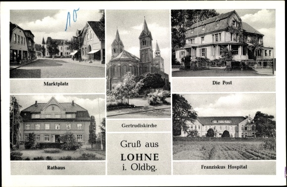 Ak Lohne im Oldenburger Münsterland, Marktplatz, Gertrudiskirche, Post, Rathaus