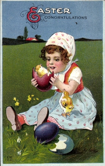 Litho Glückwunsch Ostern, Mädchen, Küken in der Osterei-Schale