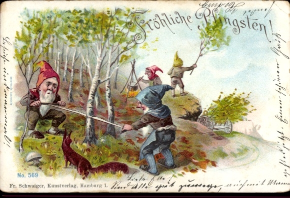 Chromo-Litho congratulations Pentecost, dwarves, lumberjack, saw, squirrel