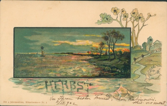 Glitter Chromo-Litho Allegory, Autumn, Evening, Coast