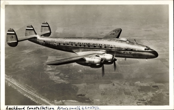 Postcard Dutch passenger plane, The Flying Dutchman, KLM, Lockheed constellation