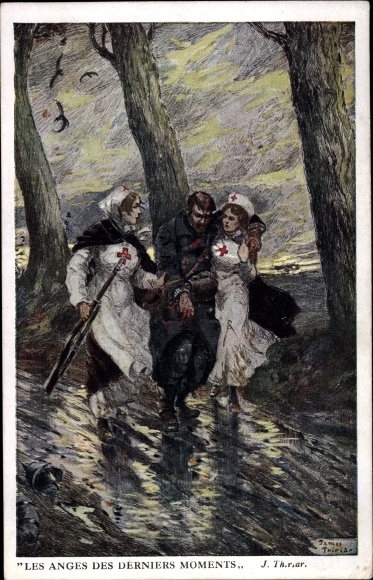 Artist Postcard Thiriar, James, Les Anges des derniers moments, nurses, Belgian soldier