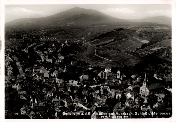 Postcard Bensheim on the Bergstraße Hessen, aerial view of Auerbach and Melibocus, photogr