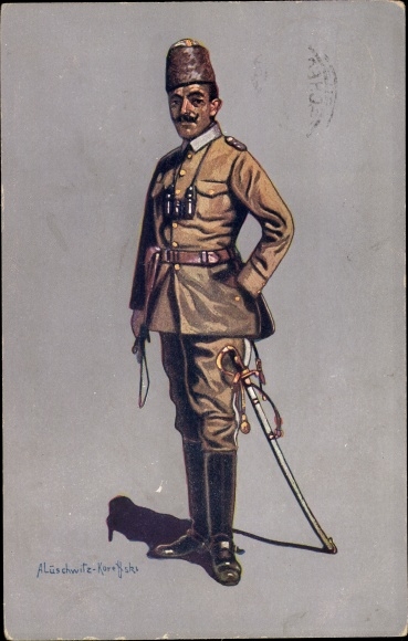 Artist PC Lüschwitz Koreffski, Turkish cavalry officer in field uniform, I. WK, binoculars
