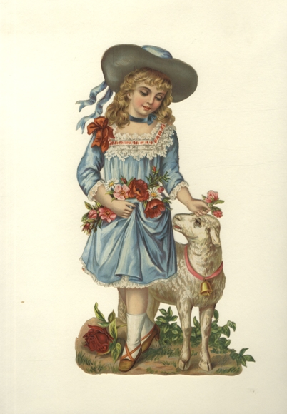 Oblate, Mädchen im blauen Kleid, bunte Blumen und Osterlamm, Größe ca. 33 x 18,5 cm