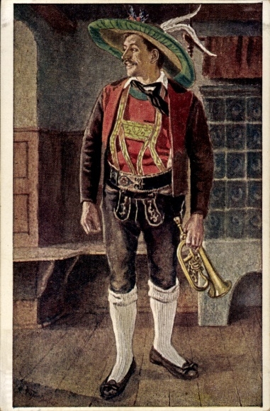 Artist Postcard Schlanders im Vinschgau Silandro South Tyrol, Tyrolean costumes, man, trumpet