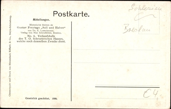 Artist PC Loeschmann, E., Wrocław Breslau Silesia, Schroeter&#39;s house, debit and credit