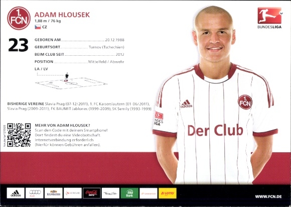 Autograph card footballer Adam Hlousek, 1. FC Nuremberg, autograph