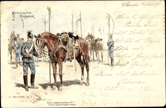 Kunstenaar litho Becker, Carl, samen ontbijten, Ulan met paard