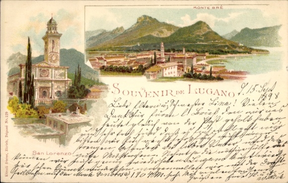 KP Lugano Canton Ticino Szwajcaria, San Lorenzo, Monte Bre, 1898, kolorowy krajobraz