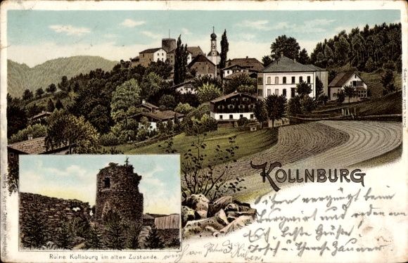 litho Kollnburg in Neder-Beieren, gedeeltelijk zicht, ruïnes