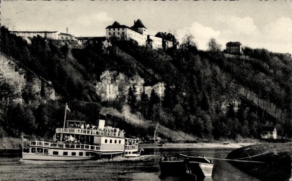 KP Fürstenberg an der Weser, parowiec, łódź wiosłowa, molo parowca, domek myśliwski