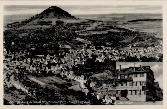 Postcard Eningen unter Achalm am Albtrauf, aerial photograph, Gasthaus zur Post