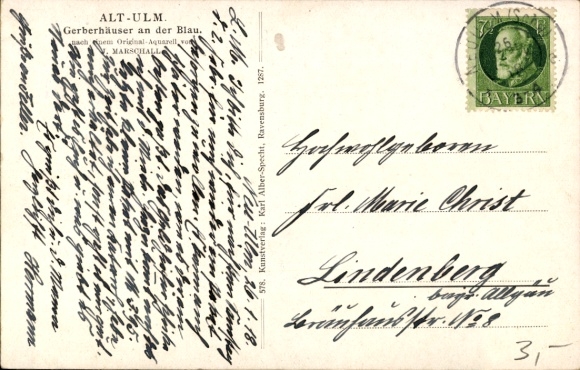 Artist Postcard Marschall, J., Ulm on the Danube, tanners' houses, blue